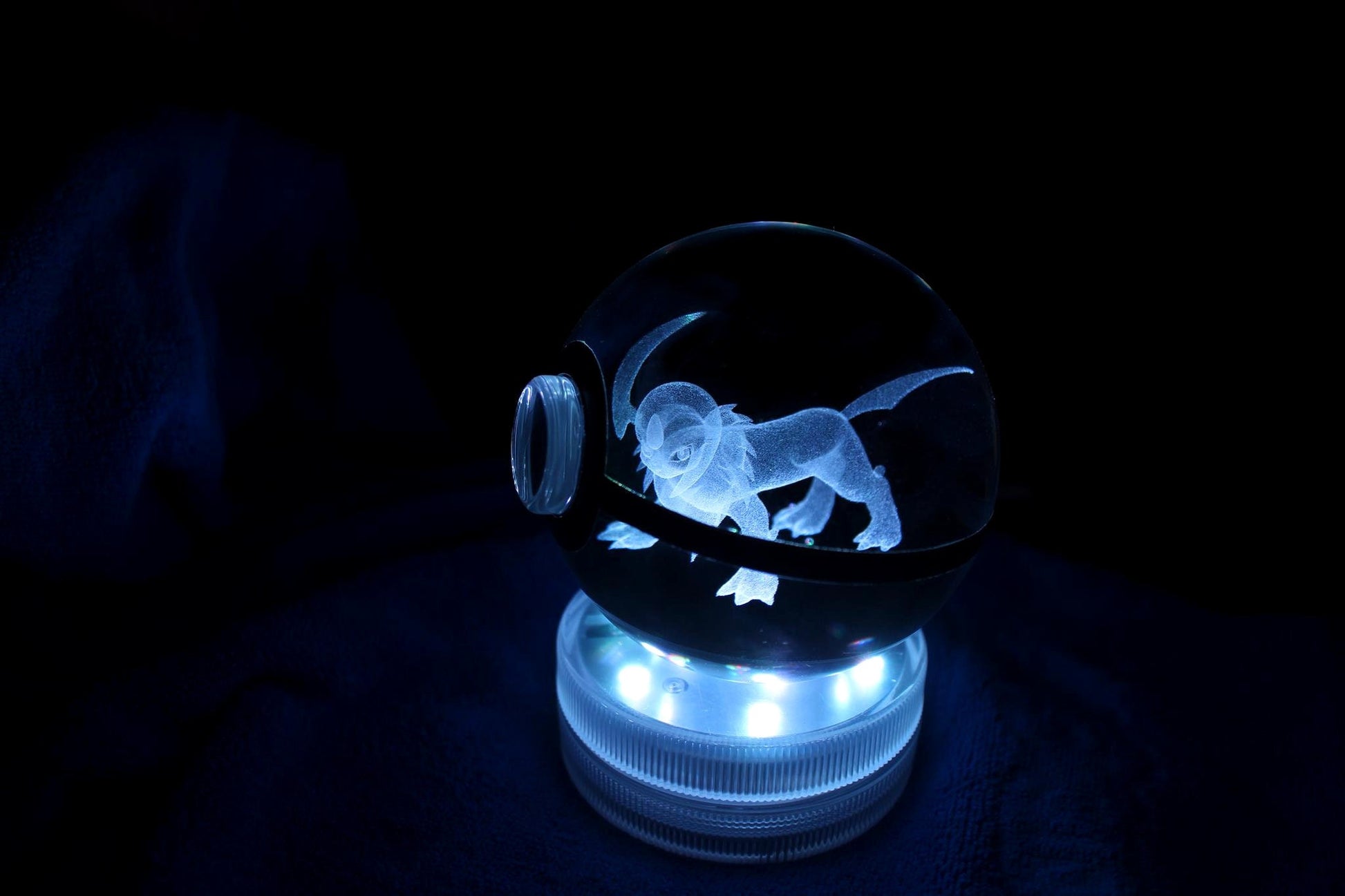 Absol Crystal Pokeball on Remote controlled LED base, high angle.